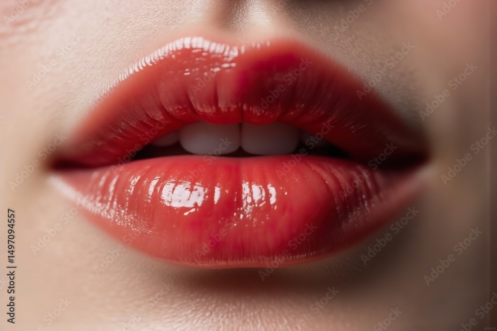 Obraz premium A close-up shot of a woman's mouth. Her lips are full and coated in glossy red lipstick. The focus is sharp, highlighting the texture and shine