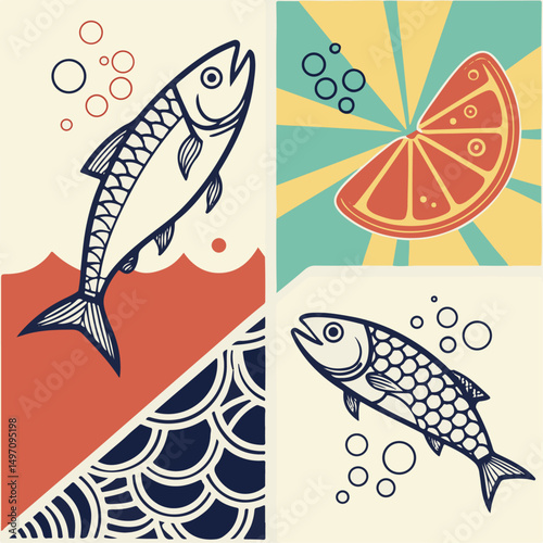 Set of abstract food posters with fish. Contemporary art prints in colorful trendy style. Dinner party wall art. Vector graphic