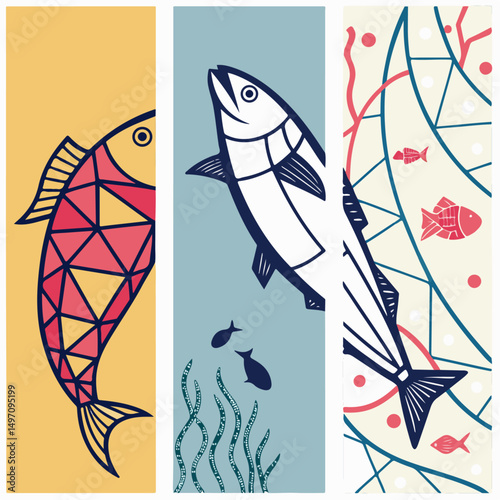 Set of abstract food posters with fish. Contemporary art prints in colorful trendy style. Dinner party wall art. Vector graphic
