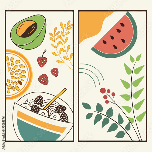 Set of abstract food posters. Contemporary art prints in colorful trendy style. Dinner party wall art. Vector graphic