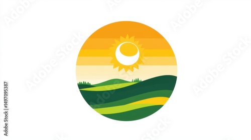 Abstract landscape logo with sun, hills, and fields in vibrant yellow and green tones. photo