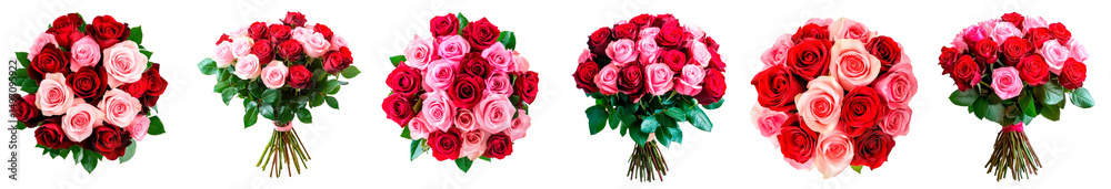 Obraz premium Set of beautiful bouquet of red and pink roses isolated on transparent background