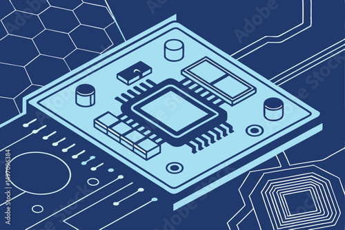 blue hexagon abstract circuit board, intricate electronic hardware, futuristic technology, detailed microchip processor, advanced electronic engineering, highly complex integrated circuit