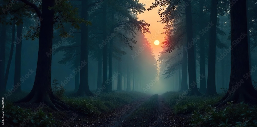 Obraz premium A dense, shadowy forest at twilight, thick with mist and hinting at hidden pathways and clandestine operations; perfect for spy thriller or mystery themes , foliage, fog