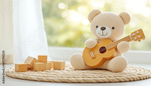 Adorable Knitted Teddy Bear Playing a Wooden Guitar