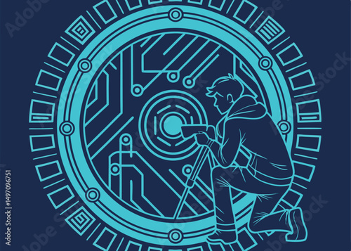 detailed intricate digital futuristic sci-fi octopus creature, organic mechanical hybrid, complex geometric patterns, glowing neon colors, vibrant detailed illustration, dark blue background
