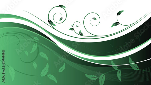 Elegant green floral background featuring swirls and leaves with smooth flowing curves on a white gradient backdrop suitable for digital or print use