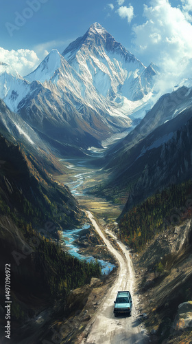 Road to the Himalayas An Epic Journey Through a Majestic Mountain Valley. Generative AI