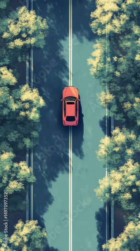 Red Car Driving Through a Forest Road, Illustration Style Photo. Generative AI