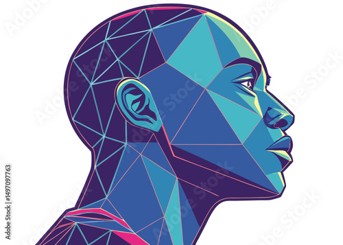 colorful geometric portrait, polygonal face, abstract illustration, digital art, sharp edges, vivid colors, deep blues and purples, striking profile view, bold stylized expression

