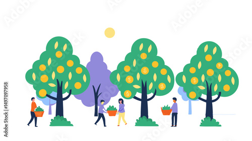 People harvesting oranges from trees with baskets in an orchard under a bright sun illustration