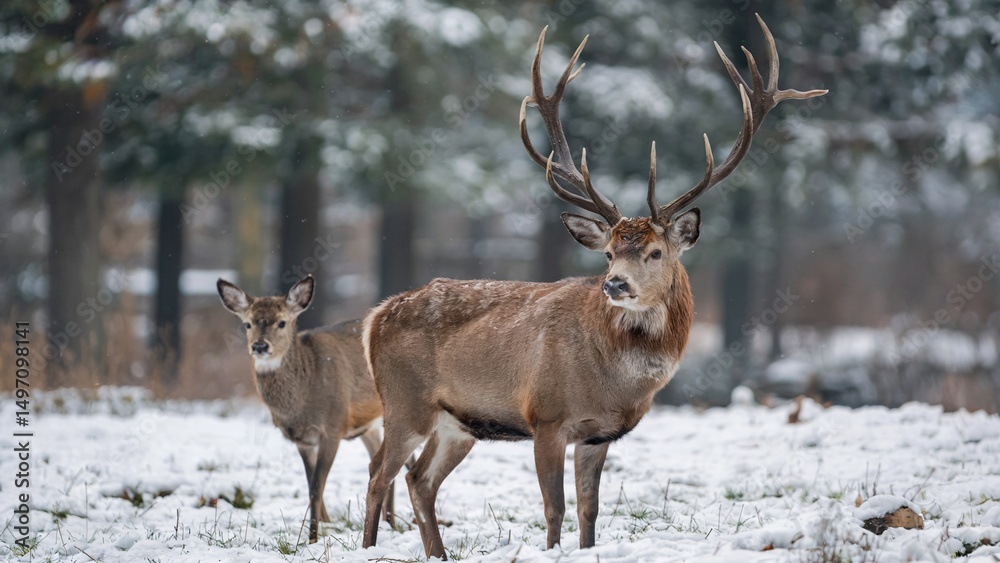 Fototapeta premium Majestic Stag and Deer in Snowy Winter Forest Landscape
