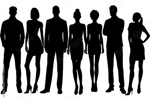 Silhouettes of diverse people standing. Group of silhouettes showing various poses. Silhouettes of men and women in different stances. People silhouettes, vector set.
