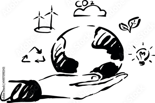 A Hand Firmly Holding the Earth with Various Sustainable Elements Promoting Environmental Awareness