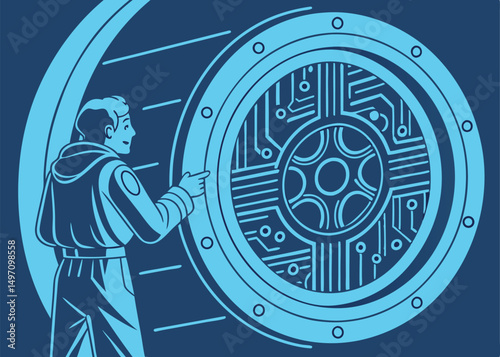 intricate futuristic portal, circuitry design, glowing blue light, technological architecture, sci-fi, digital art, cinematic, highly detailed
