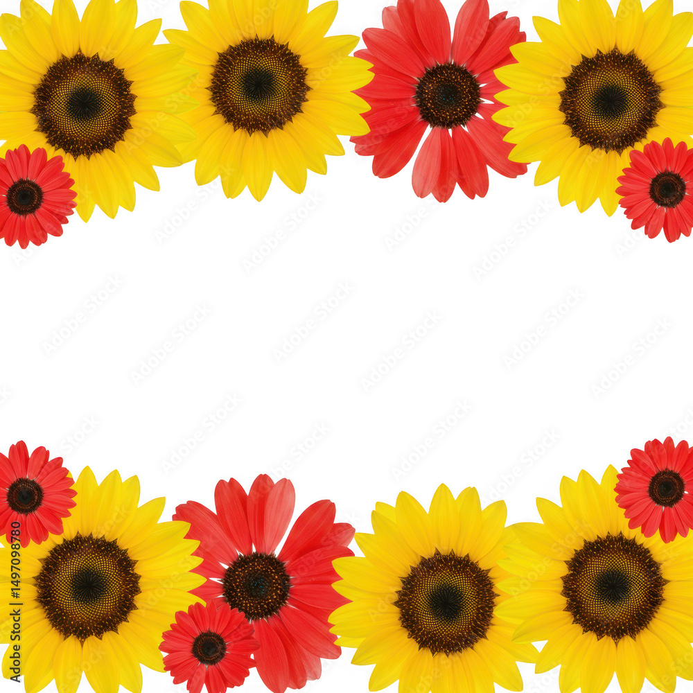 Vibrant sunflower and gerbera daisy border isolated on transparent background Vibrant sunflower and gerbera daisy border isolated on transparent background