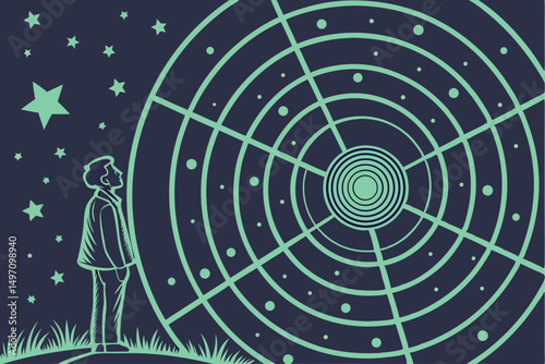 A person standing in a field gazing up at a starry night sky, with a glowing radar-like pattern in the background, digital art, 8k, highly detailed, vibrant colors, sci-fi, futuristic, atmospheric, 