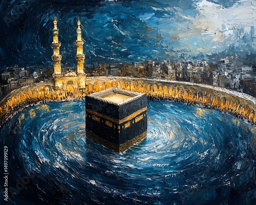 Kaaba, Mecca, swirling water, night, painting.