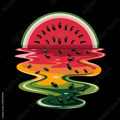 A vibrant half watermelon appears to be melting in a gradient of colors, creating a ripple effect belo