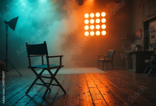 Atmospheric film studio interior with director chair and dramatic lighting effects creating cinematic mood
