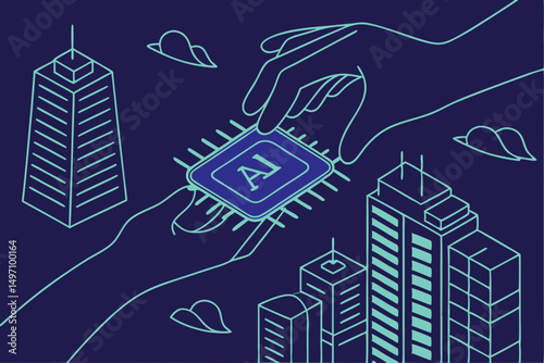 isometric, high-tech city skyline, glowing neon architecture, futuristic skyscrapers, abstract geometric patterns, dynamic energy field, digital landscape, cinematic mood, dark blue background
