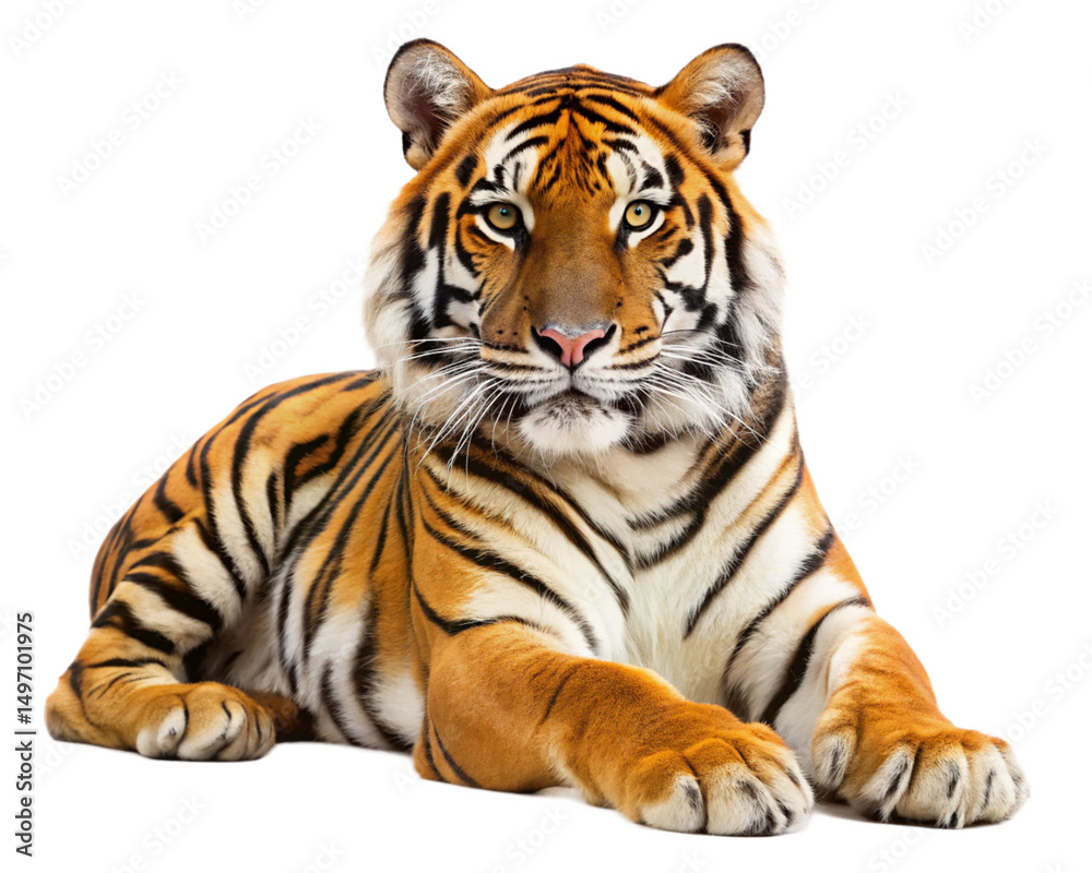 Obraz premium majestic bengal tiger resting on white background isolated 