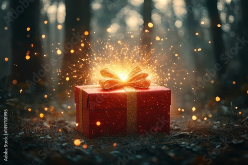 glowing red gift box with a bow, with rays of golden light bursting from inside, set against a blurred forest backdrop, Generative AI