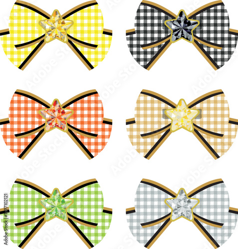 winkle Star Jewelry Ribbon Set Gingham check Decoration Material Yellow Orange Yellow green Black Gold White Monochrome / 星の宝石があしらわれたリボンセット ギンガムチェック 装飾 素材 黄色 オレンジ 黄緑 黒 金 白