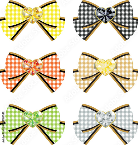 Cute Heart Jewelry Ribbon Set Gingham check Decoration Material Yellow Orange Yellow green Black Gold White Monochrome / ハートの宝石があしらわれたリボンセット ギンガムチェック 装飾 素材 黄色 オレンジ 黄緑 黒 金 白