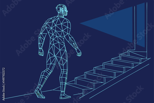 3d wireframe human figure, geometric lines, climbing stairs, complex architecture, futuristic, cinematic, dynamic composition, depth of field, glowing energy, detailed structures, ambient lighting, 