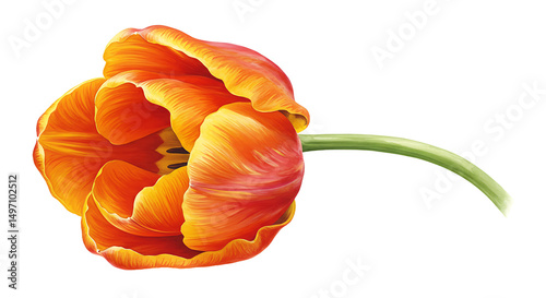 Vibrant orange tulip with yellow edges and a curved green stem