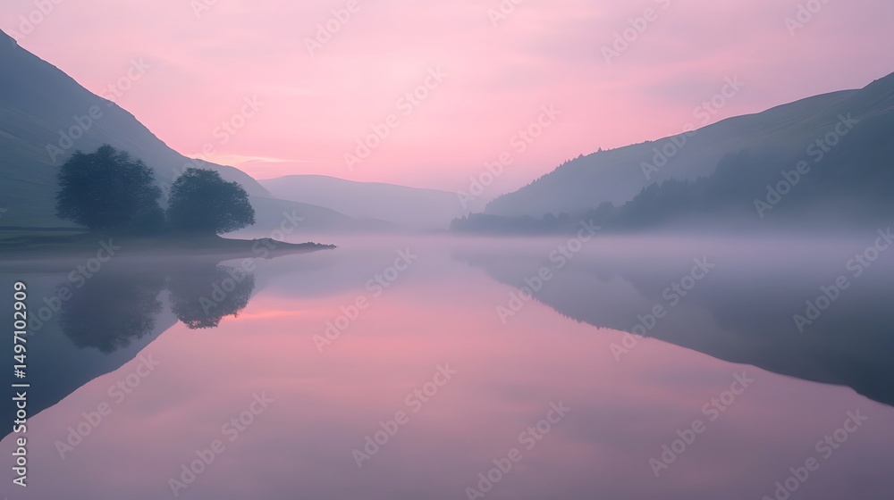 Fototapeta premium Misty Lake Sunrise: Serene Pink Landscape Reflection