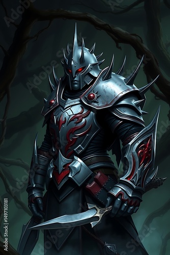 A warrior in spiked armor with red eyes holding a dagger in a dark forest environment at night time