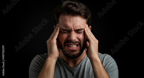 Man Experiencing Severe Headache Pressing Fingers to Temples in Pain