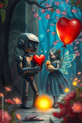 A robot offering a heart to a fairy holding a duckling with a heart balloon in a magical forest
