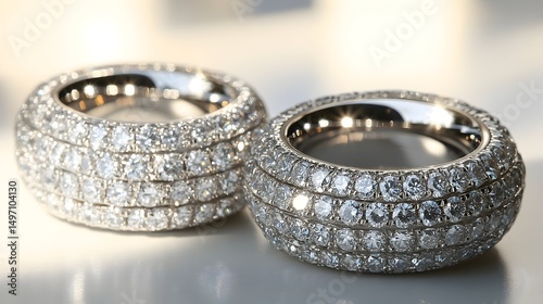 Two opulent diamond eternity bands, showcasing brilliant-cut stones set in a smooth, high-polished metal.  Reflective surface highlights sparkle