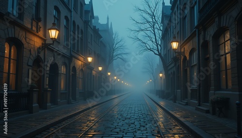 Atmospheric foggy evening street with vintage lampposts and old buildings fading into mist