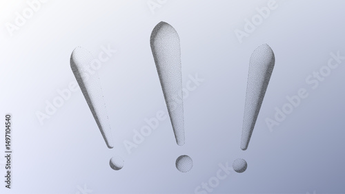 Dotwork pattern exclamation mark symbol. Black noise stipple dots sign. Sand grain effect. Black dots grunge banner, poster. 3d symbol from different angles. Grainy gradient noise dotwork pattern.