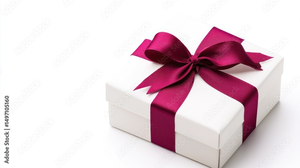 Fototapeta premium A white gift box with a burgundy ribbon bow