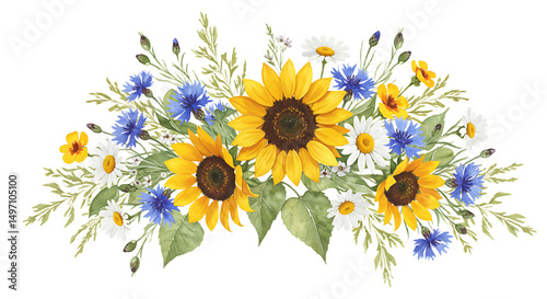 Watercolor floral arrangement with sunflowers cornflowers daisies and delicate greenery