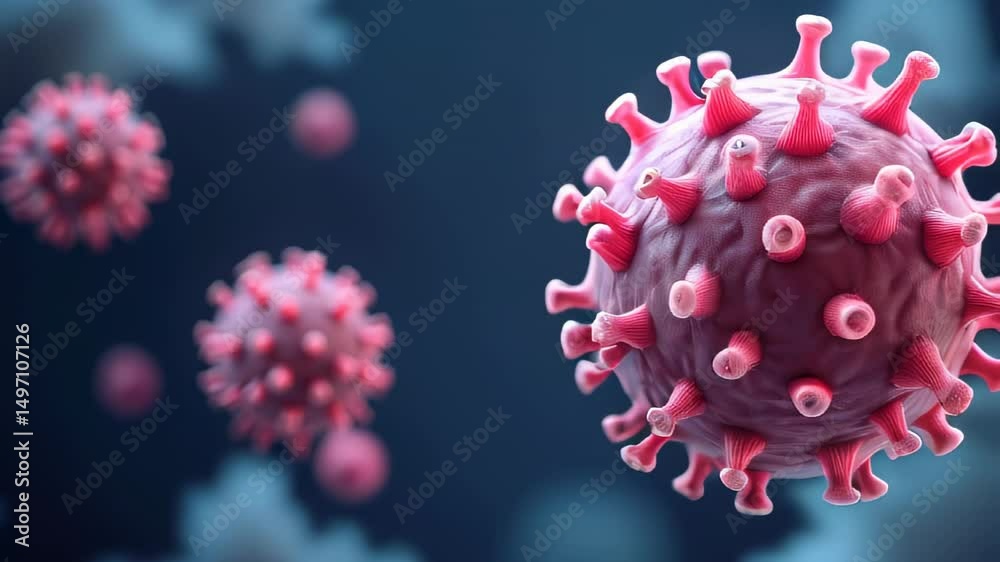 Medical virus. Coronavirus 3D. Microscopic pathogen. Infection spread. Science research. Health hazard. Disease concept. Virus structure. Laboratory image. Pandemic impact. Virus particles. Digital r