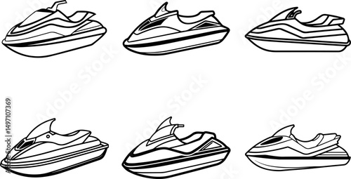 Set of Jet ski outline line art illustration, coloring book page