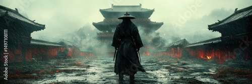 Solitary Figure in Dark Robes Walking Through Snowy Japanese Temple Landscape