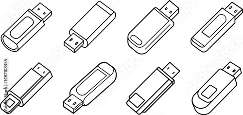 Set of USB drive outline line art illustration, coloring book page