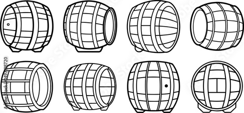 Set of barrel outline line art illustration, coloring book page