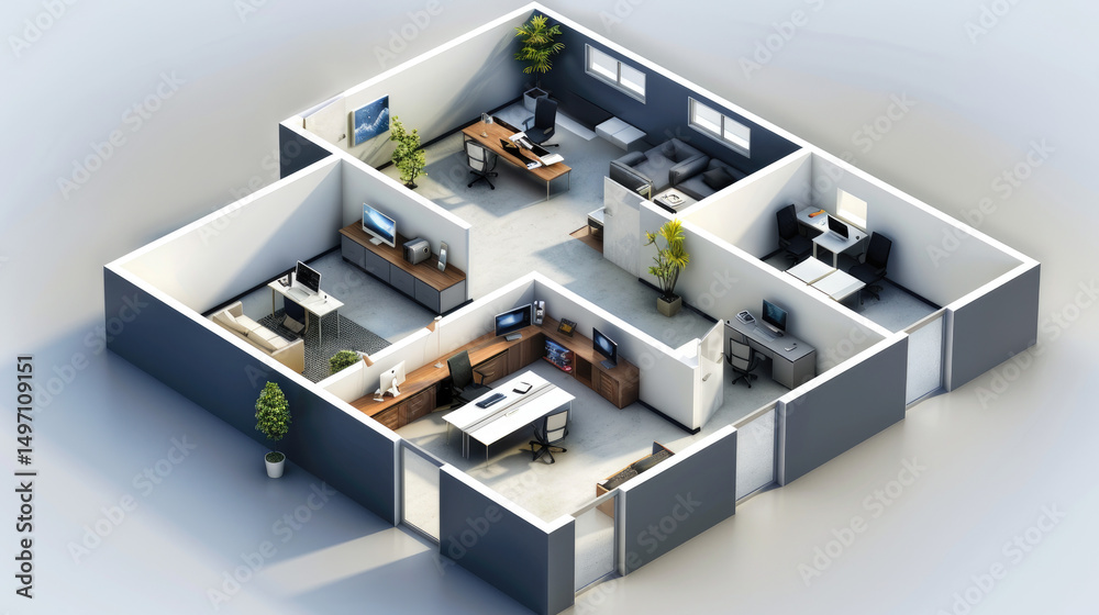 Modern office layout with workstations and greenery (1) Modern office layout with workstations and greenery (1)