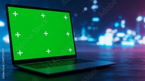 Open Laptop Green Screen Video | Futuristic Urban City Night Scene