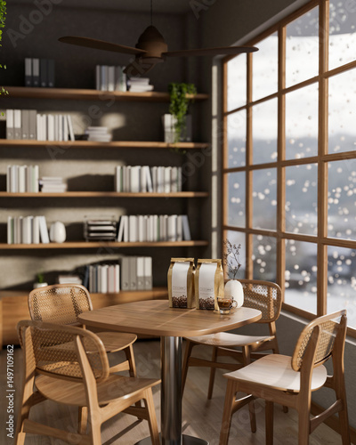 Wallpaper Mural Wooden table and chairs with a cup and coffee beans in cafe or bookstore with snow falling outside. Torontodigital.ca