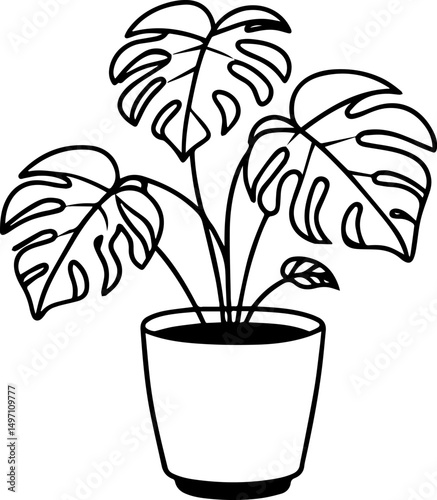 potted plant monstera outline line art illustration, coloring book page