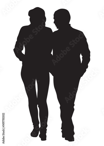 Young man and woman walking at street. Isolated silhouette on a white background
